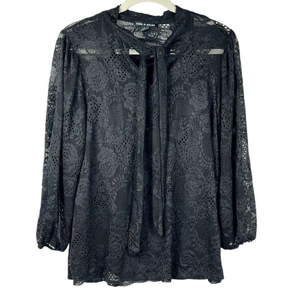 Cable & Gauge Black Lace Blouse Tie Neck Large - Picture 1 of 15